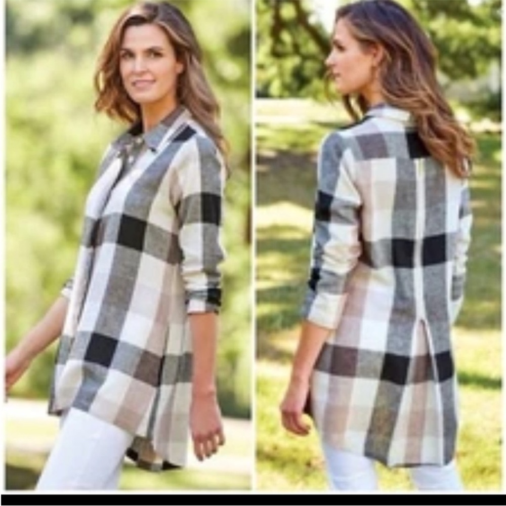 Soft Surroundings Plaid Carreaux Linen Blend Button Up Back Zip
Shirt Medium